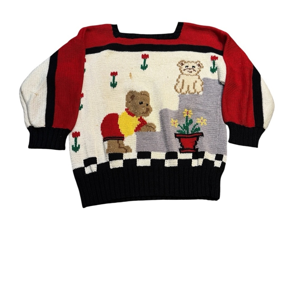 🧶 Berek‎ Vintage Hand-Knit Cat & Bear Sweater Red Black M/L 🧶